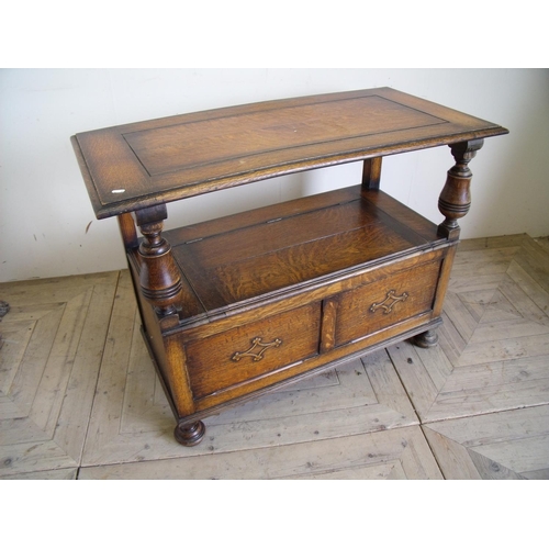 432 - Early 20th C oak monks bench with applied carved detail