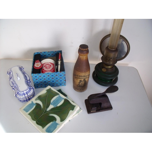 48 - Oil lamp, press, Art Nouveau tiles and other items in one box