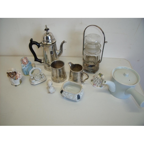52 - Silver plated coffee pot, preserve jar, ceramics etc including Beswick, Beatrix Potter figure Mrs Ti... 