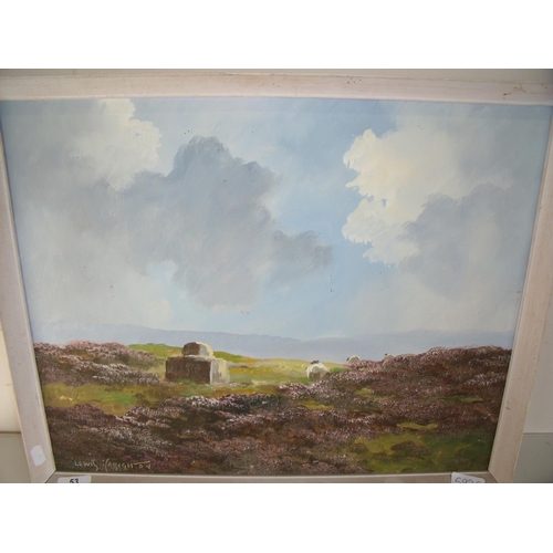 53 - Framed Lewis Creighton oil on board of sheep in moorland scene (53cm x 43cm)
