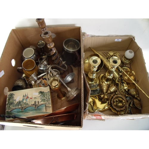 54 - Large selection of mostly brassware, plated ware and other items in two boxes, including a pair of b... 