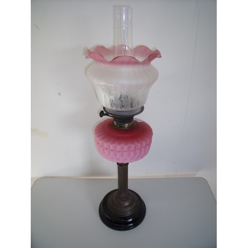 59 - Victorian oil lamp with etched clear & opaque shade and pink glass reservoir on brass column and tur... 