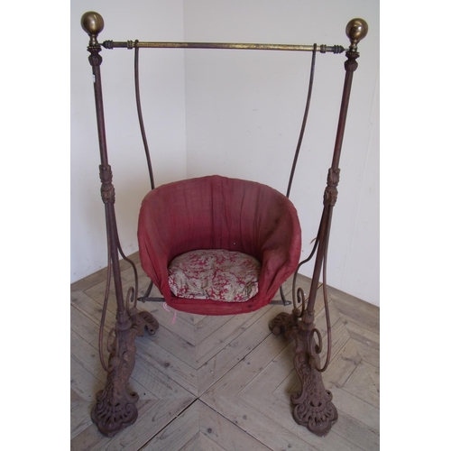 104 - Unusual and scarce 19th C cast metal and brass framed child's swing seat with brass ball finials, on... 