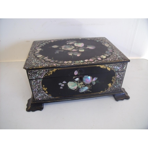 108 - Late Victorian papier mache jewellery box with Mother of Pearl and gilt detail, the hinged top revea... 