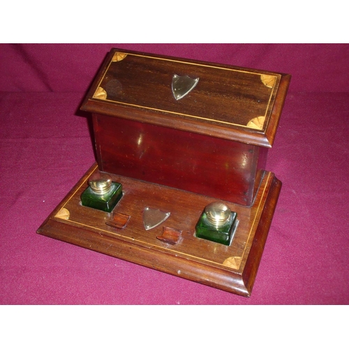 105 - Edwardian mahogany inlaid desk stand with raised letter rack, hinged top revealing fitted interior s... 