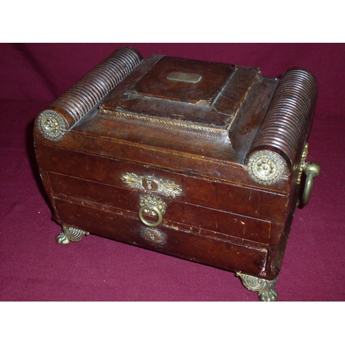 107 - Regency leather bound table box with stepped square central panelled ledge with engraved brass carto... 