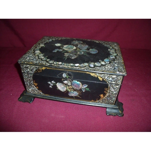 108 - Late Victorian papier mache jewellery box with Mother of Pearl and gilt detail, the hinged top revea... 