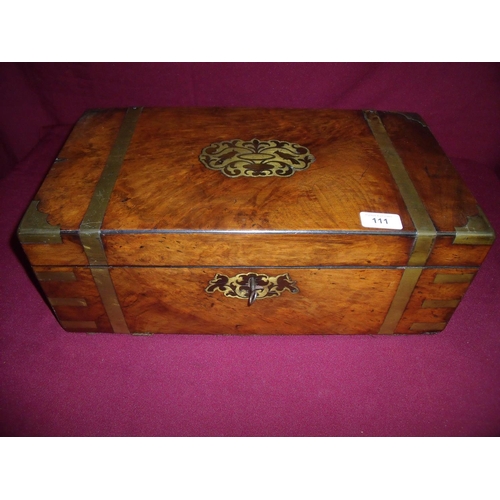 111 - 19th C walnut and brass bound travelling writing box, fitted interior with internal concealed panel ... 