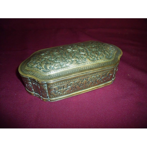 114 - 19th C hinged continental embossed brass box with lift up top (24.5cm x 12cm x 8cm)