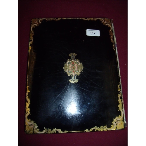 117 - Victorian lacquered and gilt detail book cover with mother of pearl and glass panel depicting York M... 