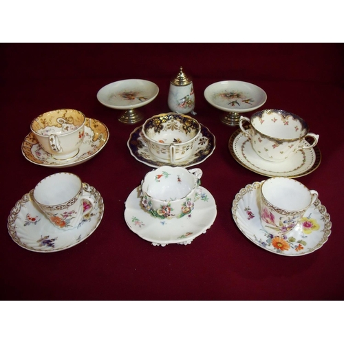 12 - Selection of early 19th/20th C cabinet style cups, saucers and porcelain ware in one box including a... 