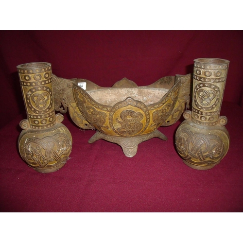 124 - 19th C Eastern cast metal oval planter with tin liner with horse head handles and a pair of matching... 