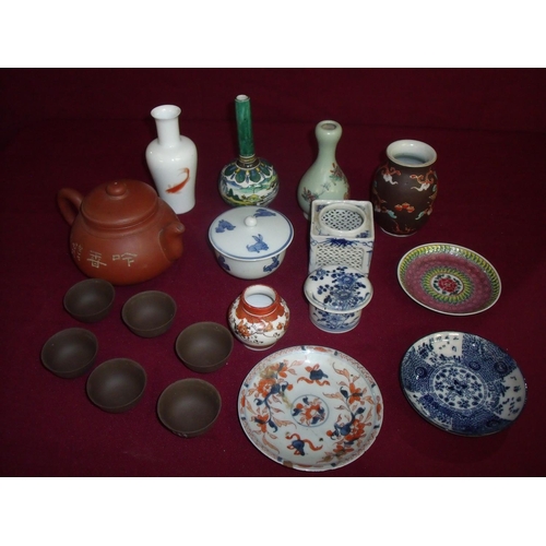 18 - Selection of various assorted oriental ceramics including terracotta teapot and tea bowls, goldfish ... 