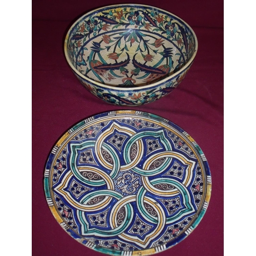 22 - Large 19th C Isnik type bowl with floral detail (diameter 32cm) and a similar charger on raised foot... 