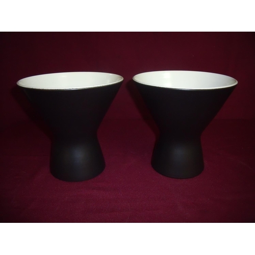 26 - Unusual pair of Poole Pottery waisted two tone vases in black & cream (19.5cm high), the bases marke... 