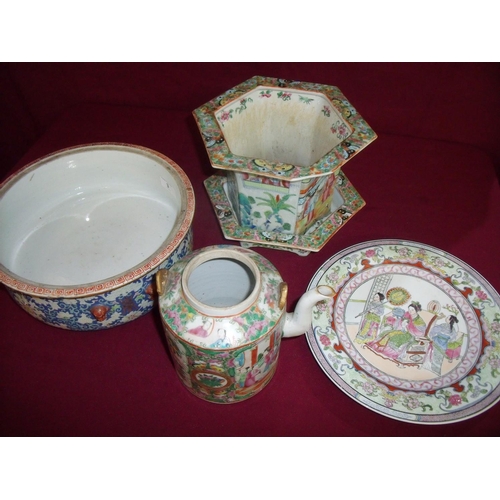 3 - Selection of 19th/20th C Canton Famille rose ceramics including jardinière, teapot, side plate and b... 