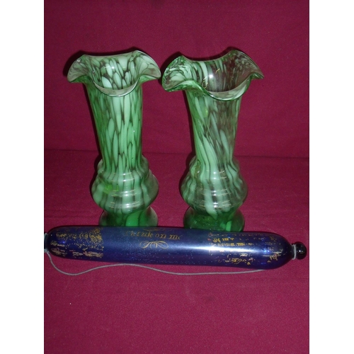 31 - Pair of 19th C green glass flared rim vases with pontil marks to the base (34cm high) and a 19th C b... 