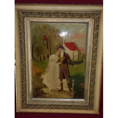 41 - Framed and mounted crystoleum depicting courting couple (28cm x 36cm including frame)