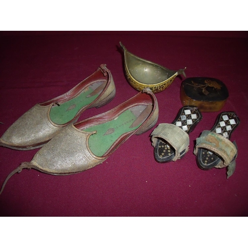 47 - Pair of Indo-Persian leather silver wirework embroidered slippers, a pair of child's Mother of Pearl... 