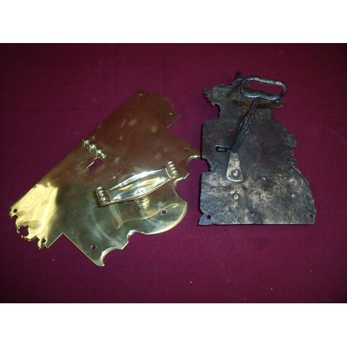 55 - 18th Century steel door lock & key and a late Victorian brass door plate & handle (2)