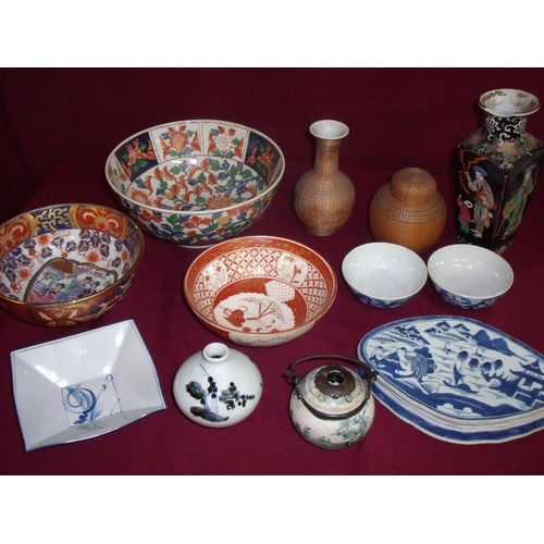 6 - Selection of various 19th C and later oriental ceramics including Chinese & Japanese wickerwork wove... 