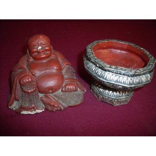 73 - Red lacquered plaster work figure of a seated Buddha and a lacquered & Mother of Pearl comport (diam... 