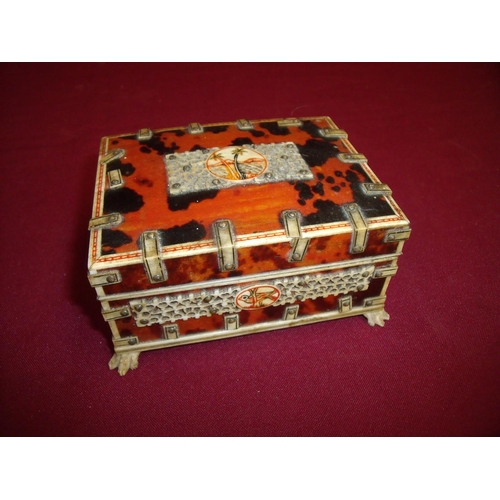 74 - Early-mid 20th C tortoiseshell and bone mounted table box with hinged lid revealing mirrored interio... 