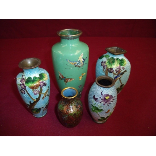 77 - Group of five cloisonné vases the largest decorated with butterflies and floral detail on green back... 