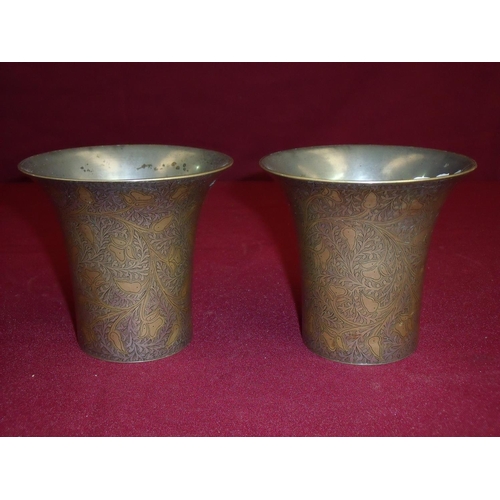 98 - Pair of 19th/20th C Indo-Persian brass and white metal beakers with large flared rims (diameter 11cm... 