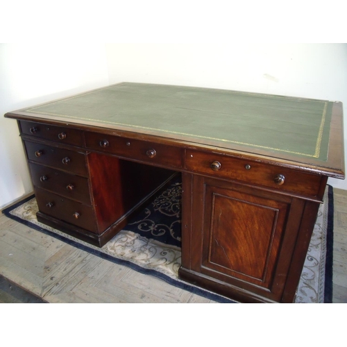 370 - 19th C mahogany twin pedestal partners desk, each pedestal with three drawers and single panelled cu... 