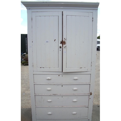 399 - Extremely large 19th/20th C painted pine combination cupboard with stepped cornice above two panelle... 