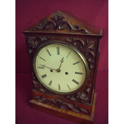 300 - 19th C mahogany cased double fusee striking bracket clock with carved framed and fret work panels to... 