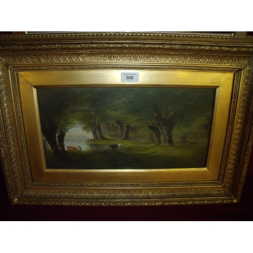 301 - 19th C oil on canvas depicting cattle on a wooded river bank in heavy gilt frame (40cm x 20cm exclud... 