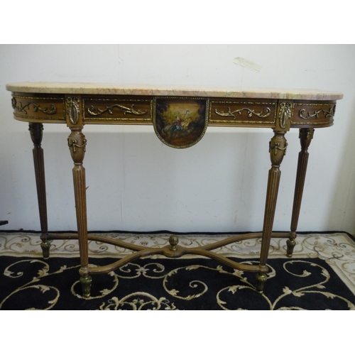 463 - Modern reproduction country house French style walnut D shaped marble top side table with gilt metal... 