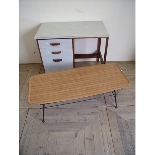 516 - Mid 20th C desk with Formica top, two drawers & drop down door and a 1960s retro coffee table with m... 