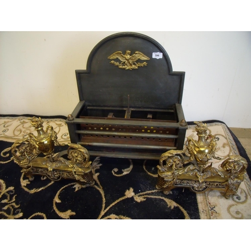 389 - Pair of 19th French gilt metal urn shaped fire companions mounted on later steel fire grate