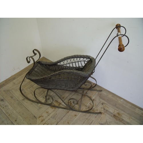 25 - Early-mid 20th C miniature metal framed sleigh with wicker work basket and turned wood handle (85cm ... 