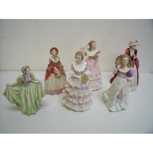 3 - Group of six porcelain ladies, the bases with painted marks Made in England, 'New Gloves', 'Vanity',... 