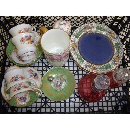 38 - Three Wedgwood side plates, Crown Staffordshire trinket dish, cranberry glass scent bottles, cabinet... 