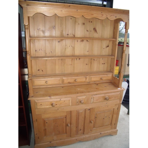 383 - Modern pine dresser with raised three tier shelved back above three drawers and two panelled cupboar... 