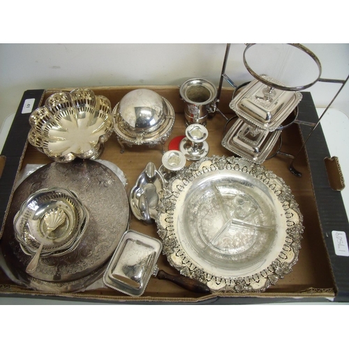 41 - Selection of various silver plated tableware including cake stand, coddler, serving trays etc in one... 