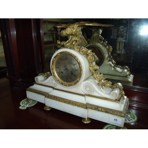 45 - 19th C white marble and gilt metal mantel clock on break front stepped base, crested with gilded fig... 