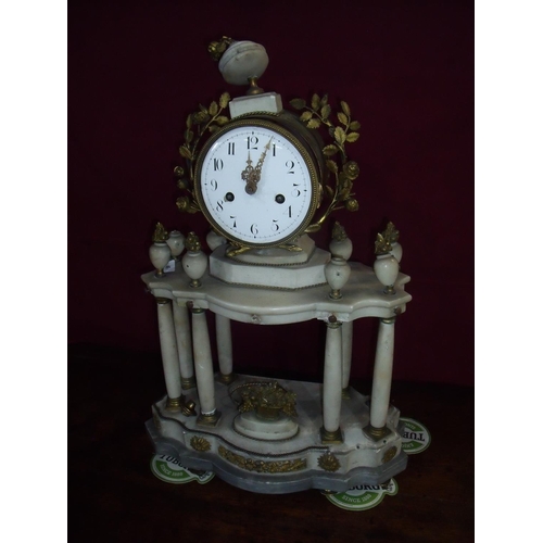 46 - 19th C white marble and gilt mounted Portico clock with white enamel dial and French striking moveme... 