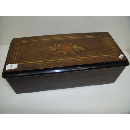 5 - 19th/20th C music box in rosewood inlaid rectangular case with hinged top revealing fitted musical b... 