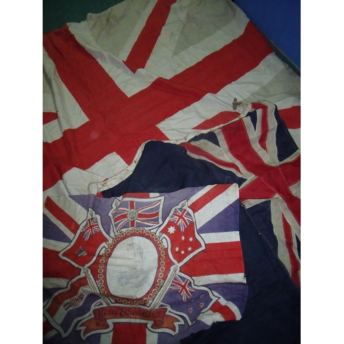 13 - War period stitched cotton British ensign on blue background, another printed British flag deign, va... 