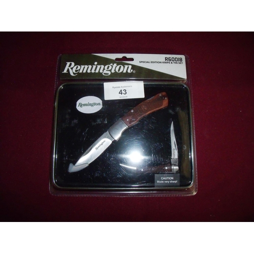 43 - Boxed as new Remington Special Edition knife and tin set R60018