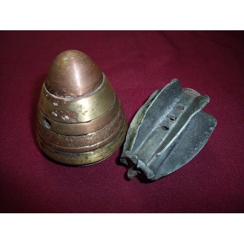 5 - British Artillery shell fuse nose cone (inert) and a tail fin the brass base marked 28 Eley-Kynock (... 