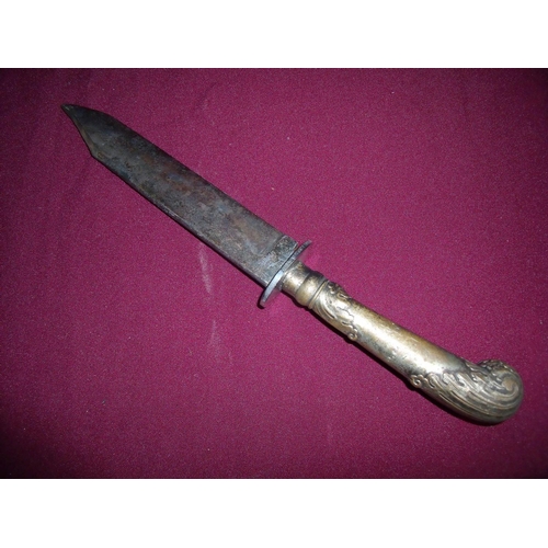 51 - Late 19th C Bowie type knife with 7 1/4 inch blade with white metal guard and silver plated pistol g... 