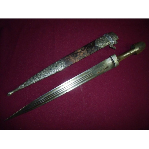 53 - Late 19th C Indo-Persian knife with 14 1/2 inch double edged four fullered blade with etched detail ... 
