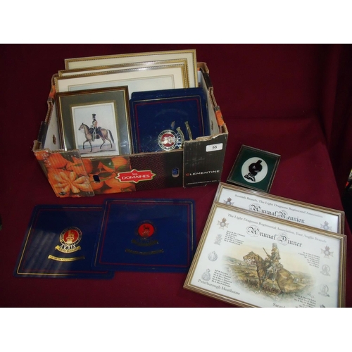 32 - Box of various military related pictures, prints, regimental crested table mats etc